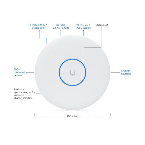Ubiquiti U7-PRO-XGS  8-Stream WiFi 7 Access Point, Ceiling-Mounted, White